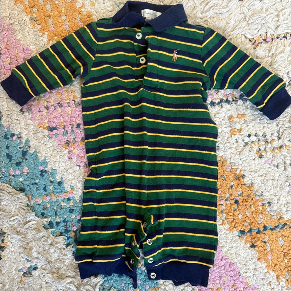 Ralph Lauren Baby Boy Polo Romper Striped Green/Yellow 3M